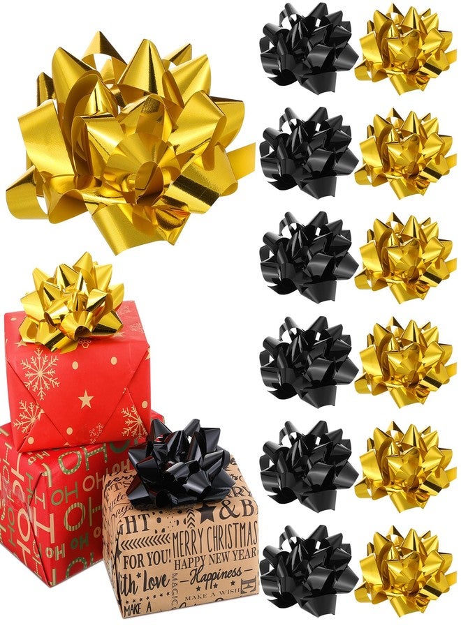 Yilloog 12 Pcs Christmas Large Gift Bow 6 Inch Xmas Ribbon Bows for Gift Wrapping Self Adhesive Big Gift Bows Assortment Color Star Metallic Bows for Holiday Presents Box (Black, Gold) - Image 1